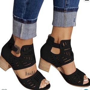 NOLDARES Stacked Heel Sandals Buckle Strap Open Toe Size 7 black